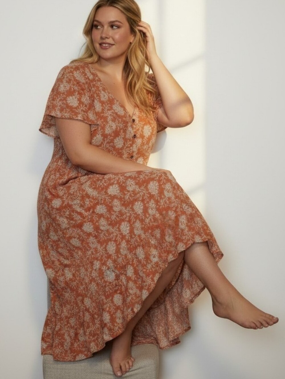 Floral Button-Front Midi Dress in Coral and White